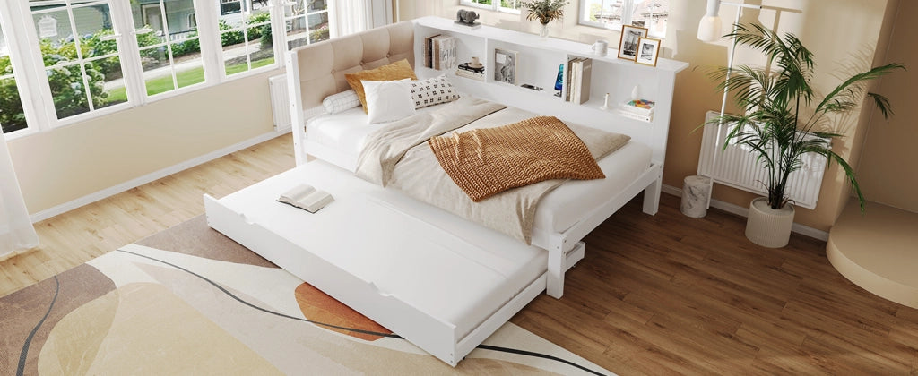 DESMIU Letto singolo 90 × 200 cm con letto estraibile, LED regolabile, ripiani e USB, senza materasso, bianco