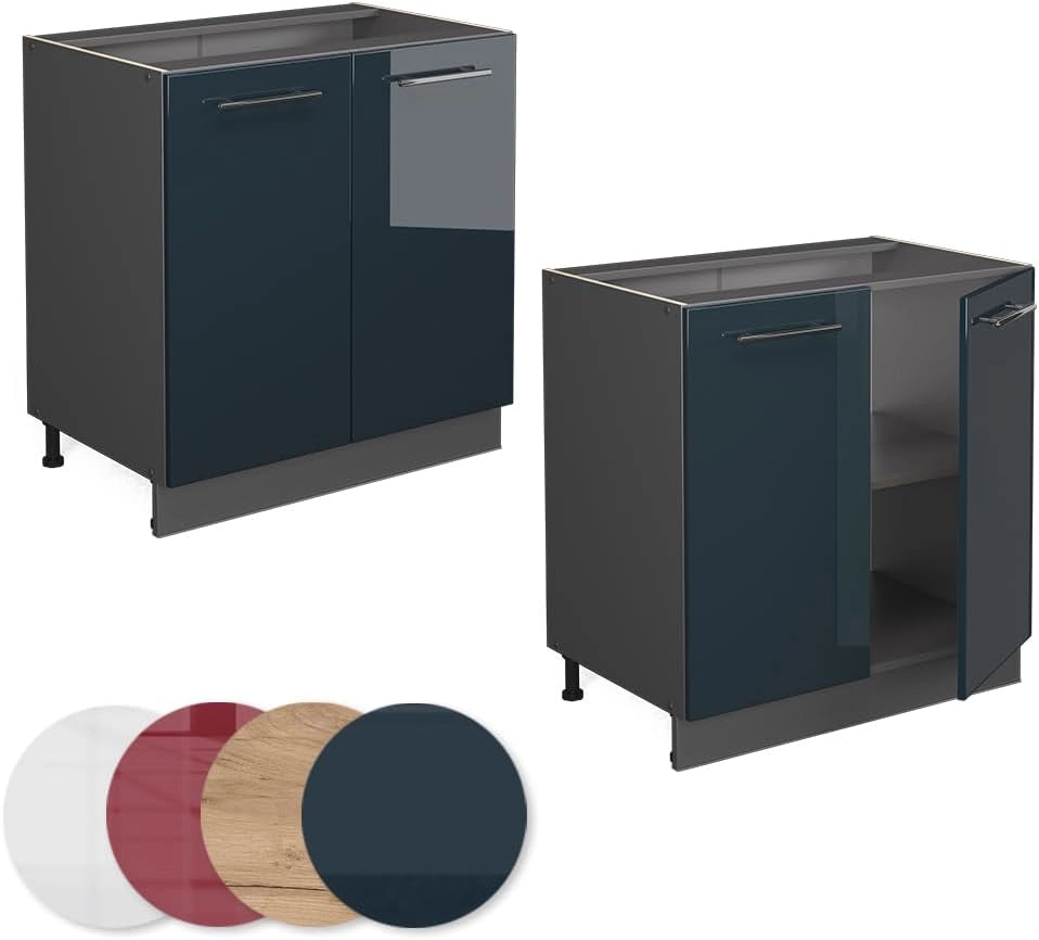 Mobile lavello cucina Fame-Line, Blu scuro lucido, 80 cm con ripiano, PL Rovere, per la combinazione con altri moduli della serie Fame-Line