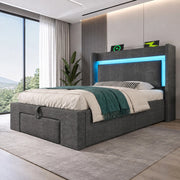 Letto imbottito 90x200 cm con contenitore idraulico, cassetto, LED e USB/USB-C, grigio
