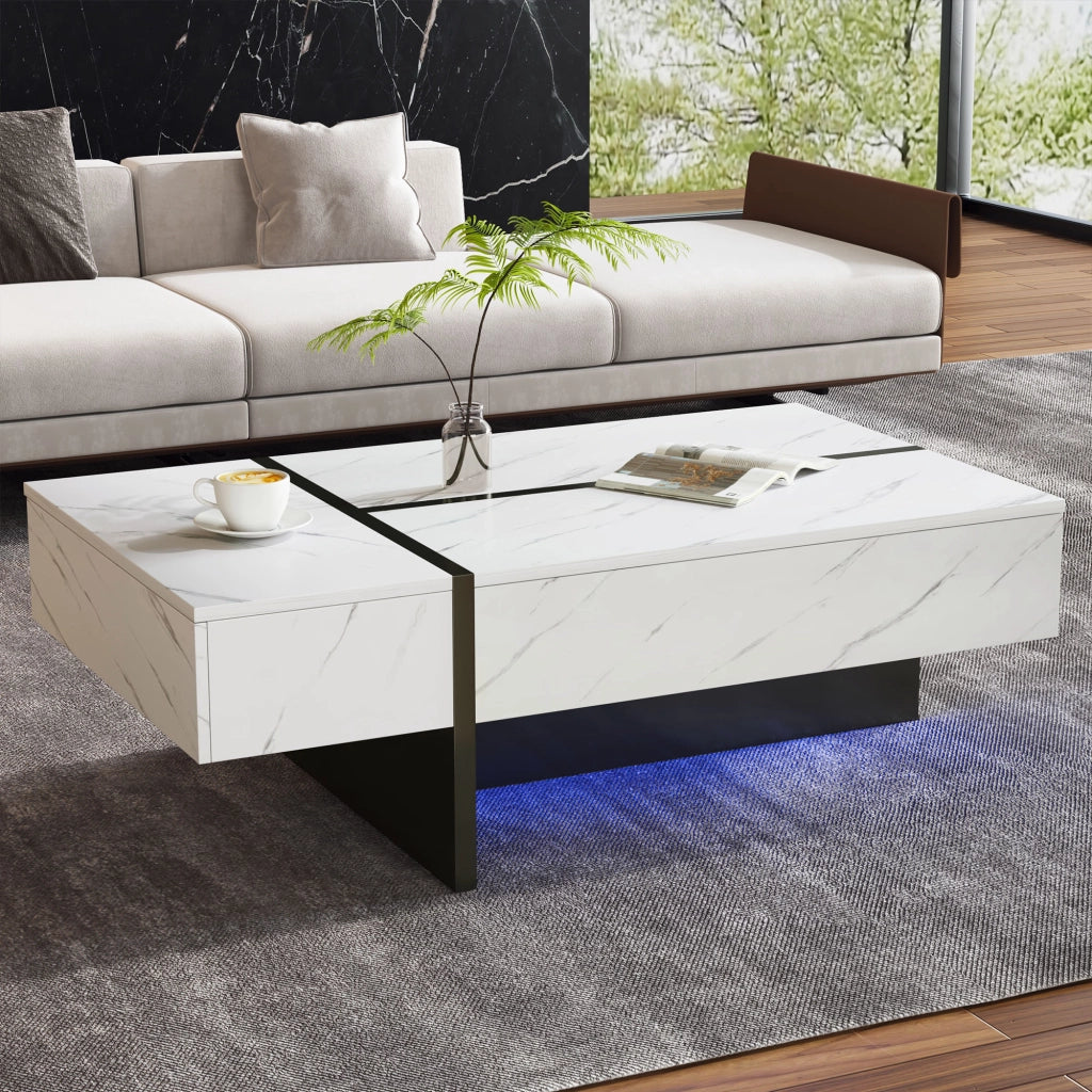 TAVOLO da caffè con LED, 105x60x35 cm, bianco, 3 cassetti