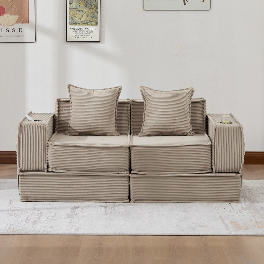 Pouf sofa modulare con tasche laterali e due cuscini in velluto a coste kaki per relax 162 × 78 × 66 cm