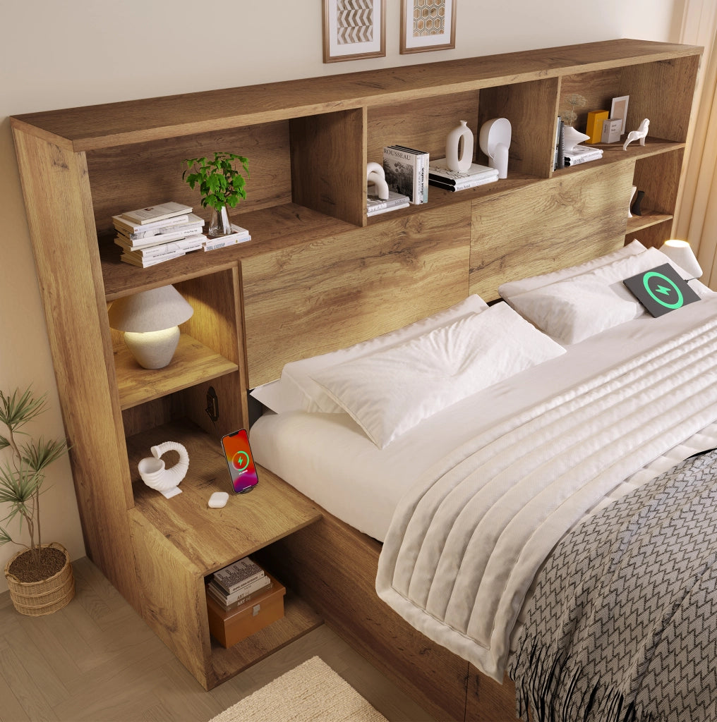 Letto matrimoniale 160x200 cm effetto rovere con contenitore; LED; USB e comodini integrati