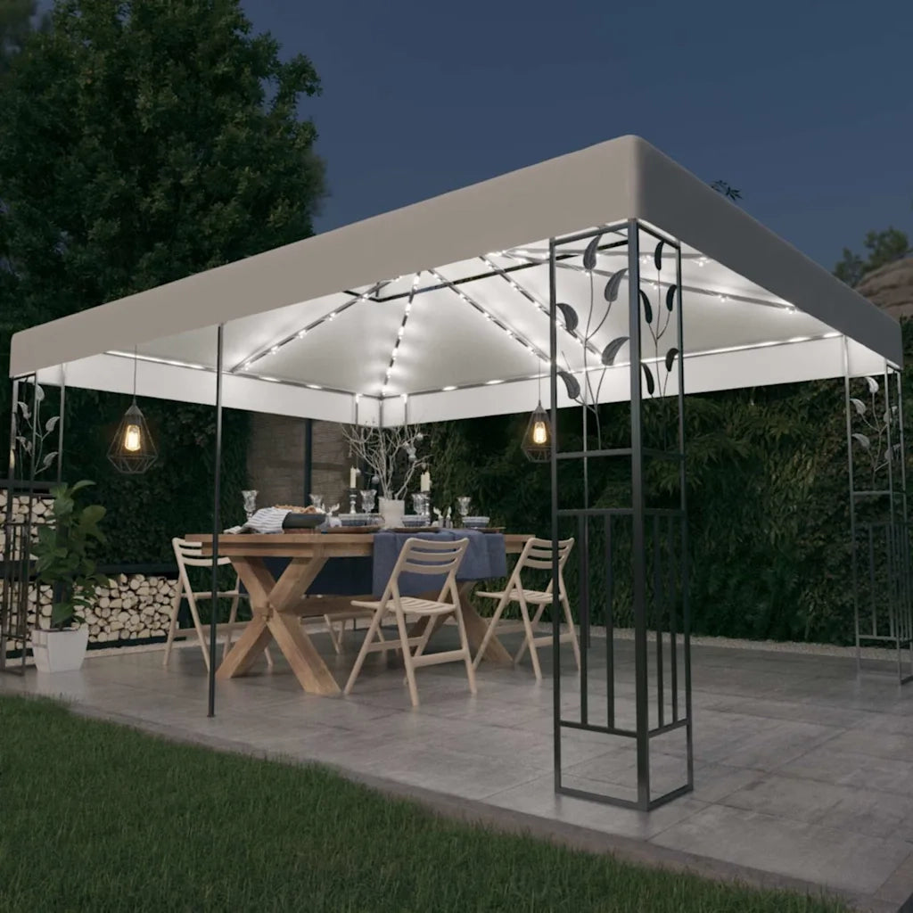 Gazebo | Pergolato con Tetto Doppio e Stringa di Luci LED 3x4 m Bianco