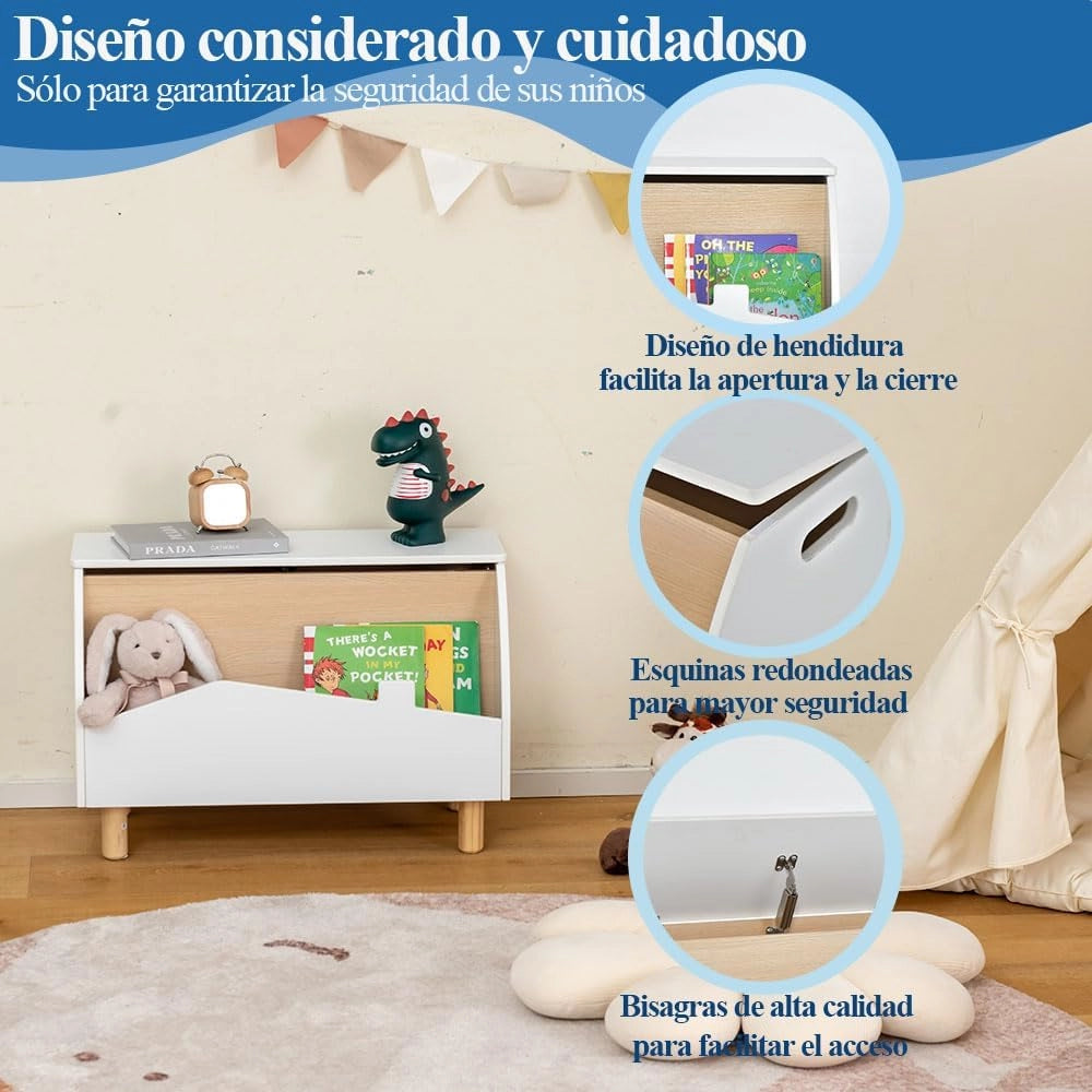Libreria 2 in 1 per bambini e giocattoli, scatola per giocattoli con coperchio e ripiano aperto, scaffale per bambini con gambe in legno massello, scaffale per la cameretta dei bambini
