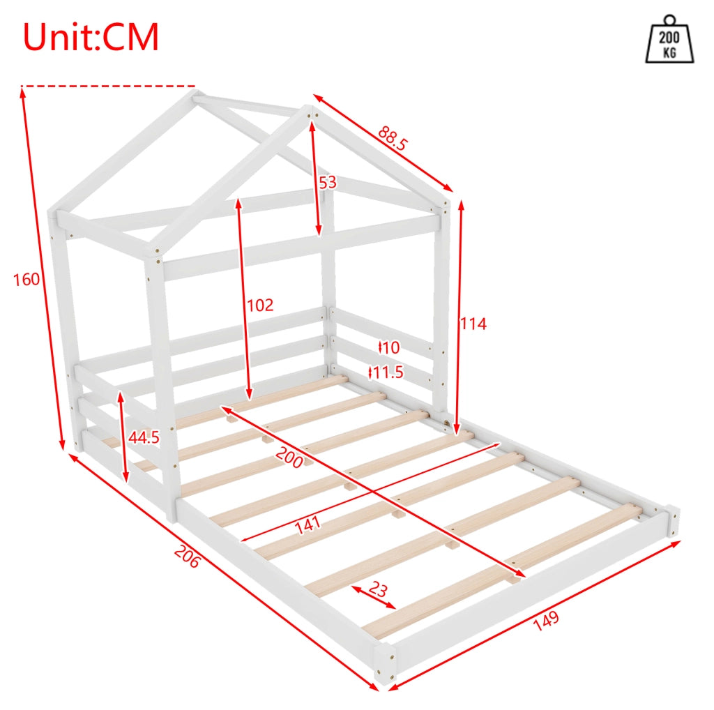 Letto a casetta per bambini 140x200 cm in legno di pino con rete, bianco