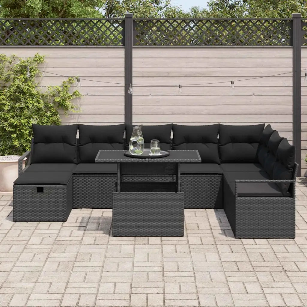 Set Divano da Giardino con cuscino 9 pcs Nero Poly Rattan 3361152