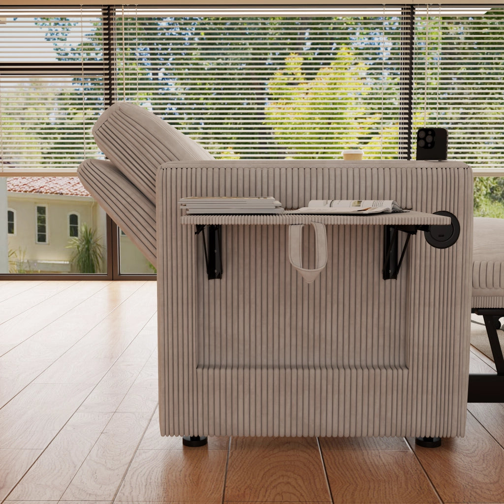 Divano letto 3 in 1 con schienale regolabile a 5 posizioni, portabicchieri, tasche laterali in velluto bianco