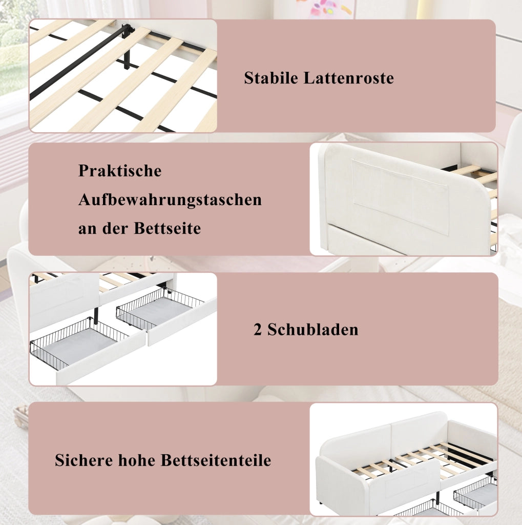 Letto singolo imbottito ULEVR 90x200 cm con 2 cassetti e tasche laterali, velluto bianco