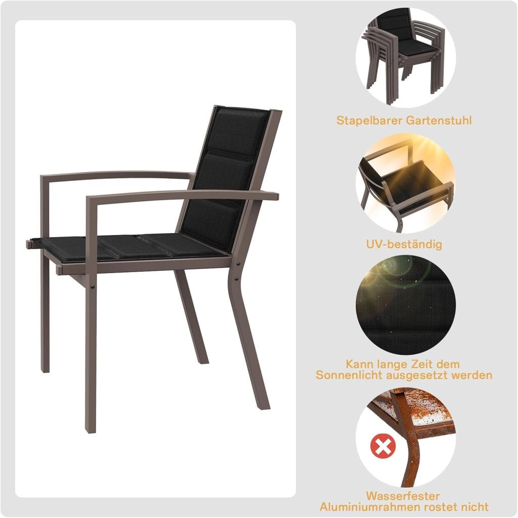 6 Persone Set Tavolo e Sedie Da Giardino In Alluminio, 6 Sedie Impilabili e 1 80-160CM Tavolo Da Giardino Allungabile In Alluminio, Set Da Giardino Esterno, Marrone