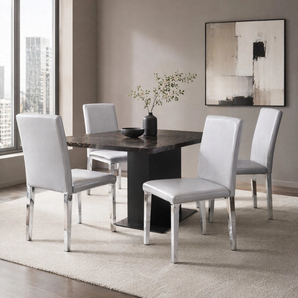 Sedie da pranzo Set da 4 schienale ergonomico con gambe in metallo e piedini in PU Grigio chiaro Argento