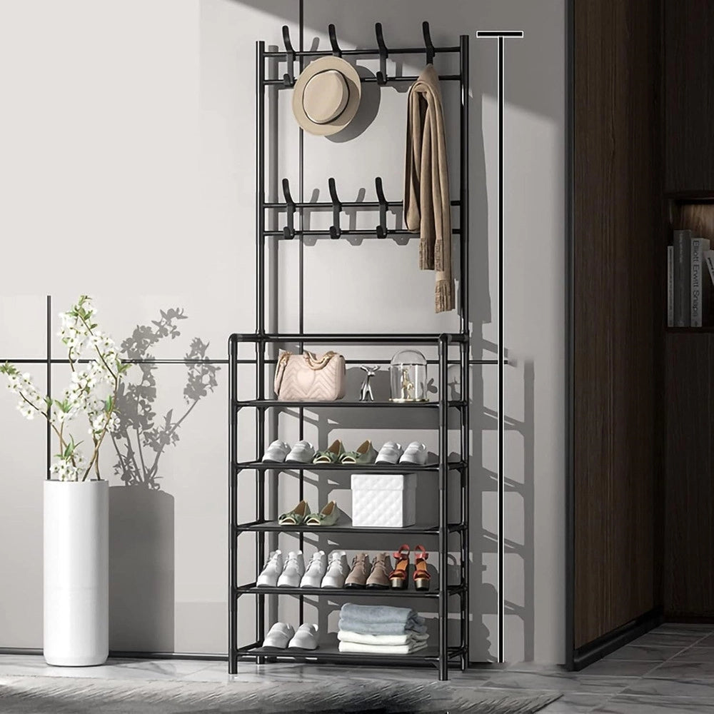 Trade Shop - Scarpiera Cappelliera Da Terra Casa Appendiabiti 3 In 1 Panca Scarpe Con 8 Ganci - Nero
