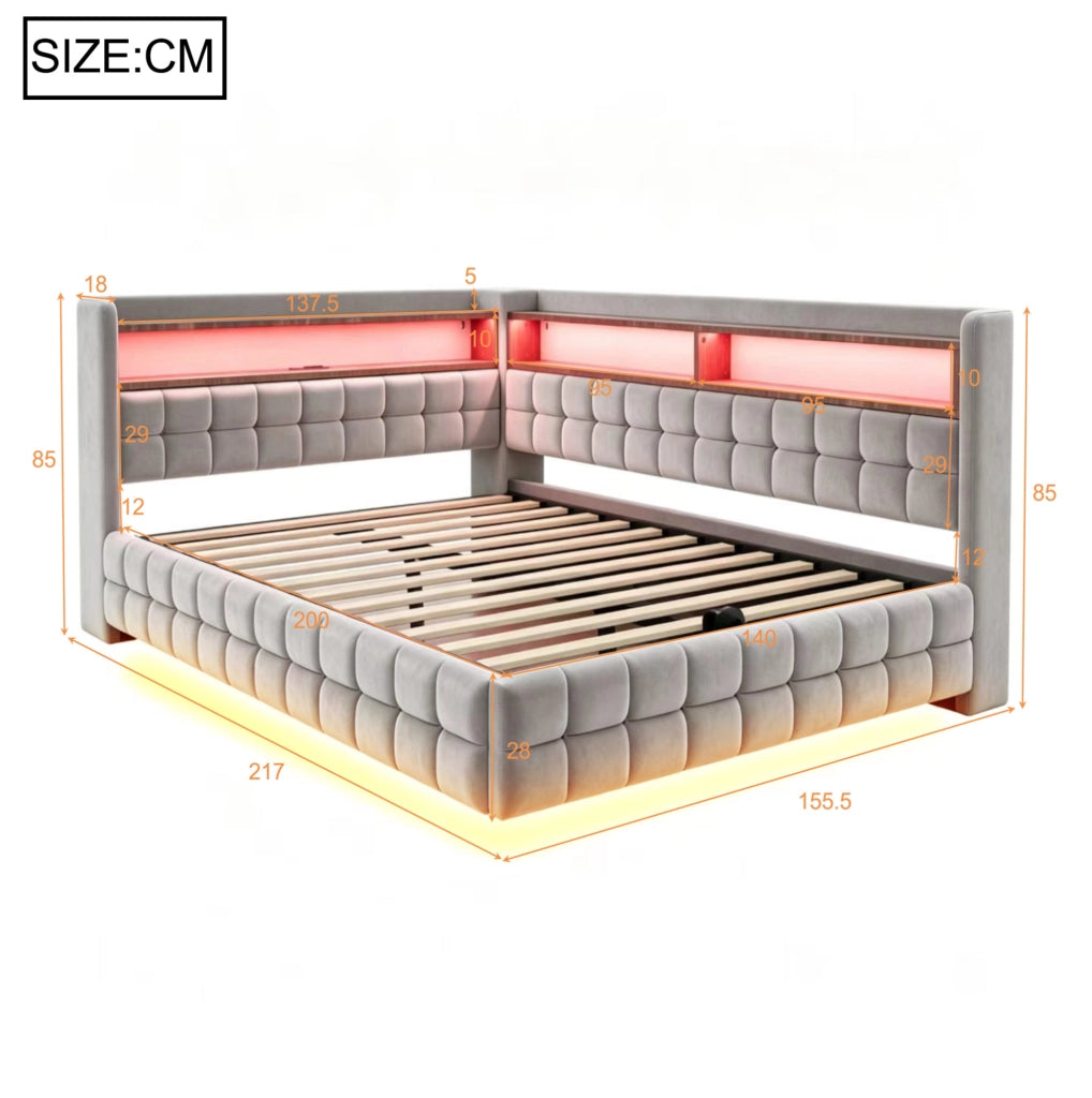Divano letto imbottito 217x155.5x85 cm con vano contenitore; prese; LED; legno; grigio chiaro