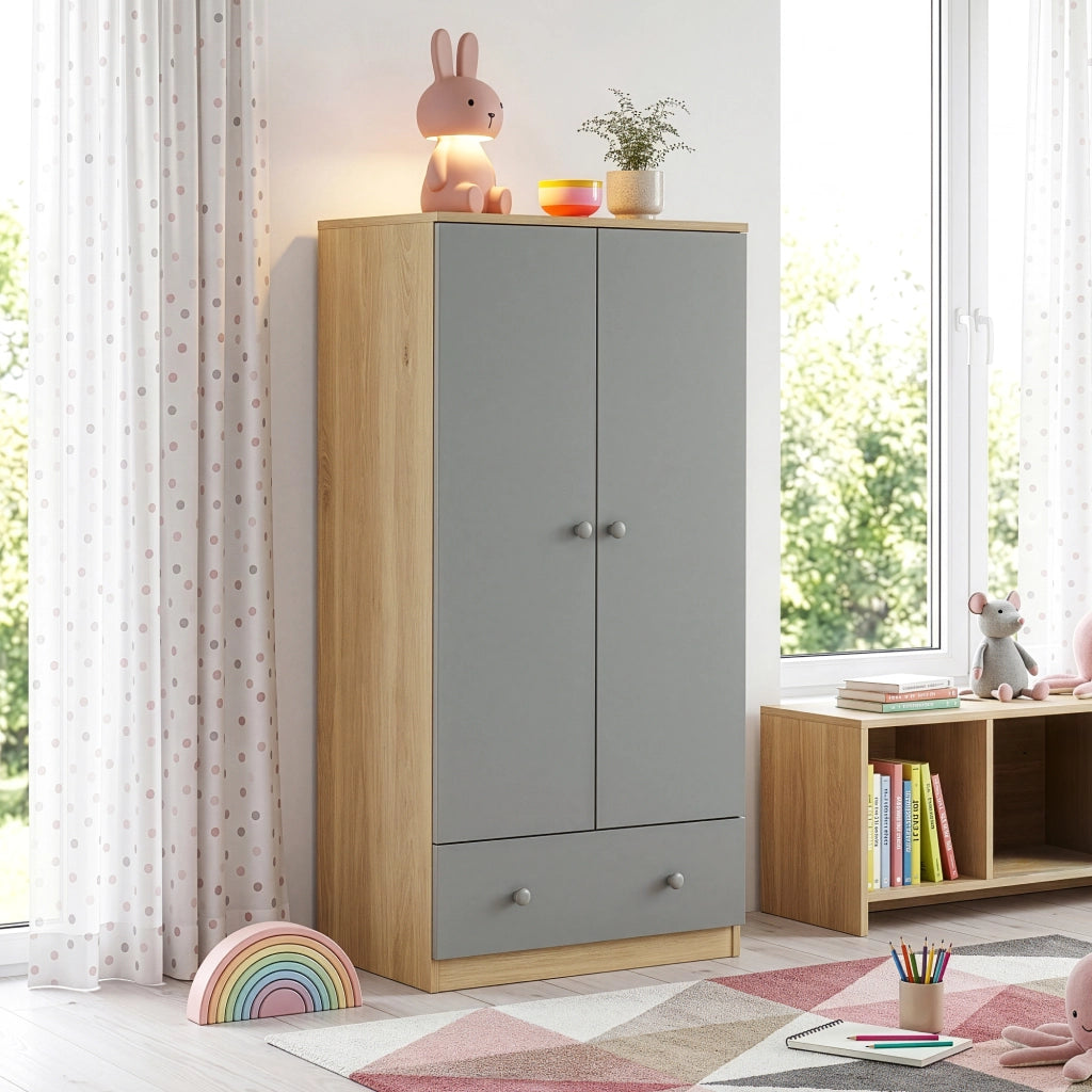 Armadio Beldinupp per Cameretta a 2 Ante e Cassetto 123 x 60 x 40 cm - Effetto Rovere/Grigio [en.casa]