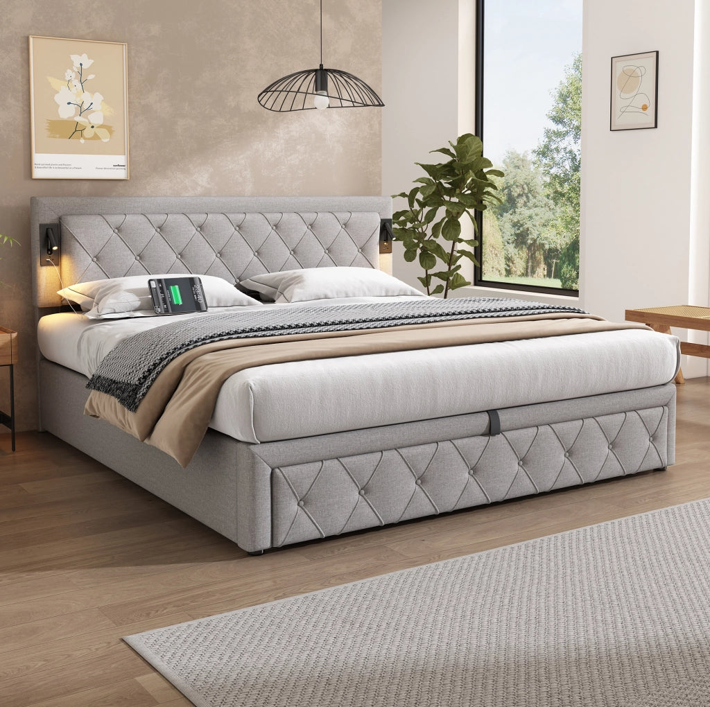 Letto matrimoniale imbottito 180x200 cm con luci da lettura e porte USB; contenitore; grigio in lino