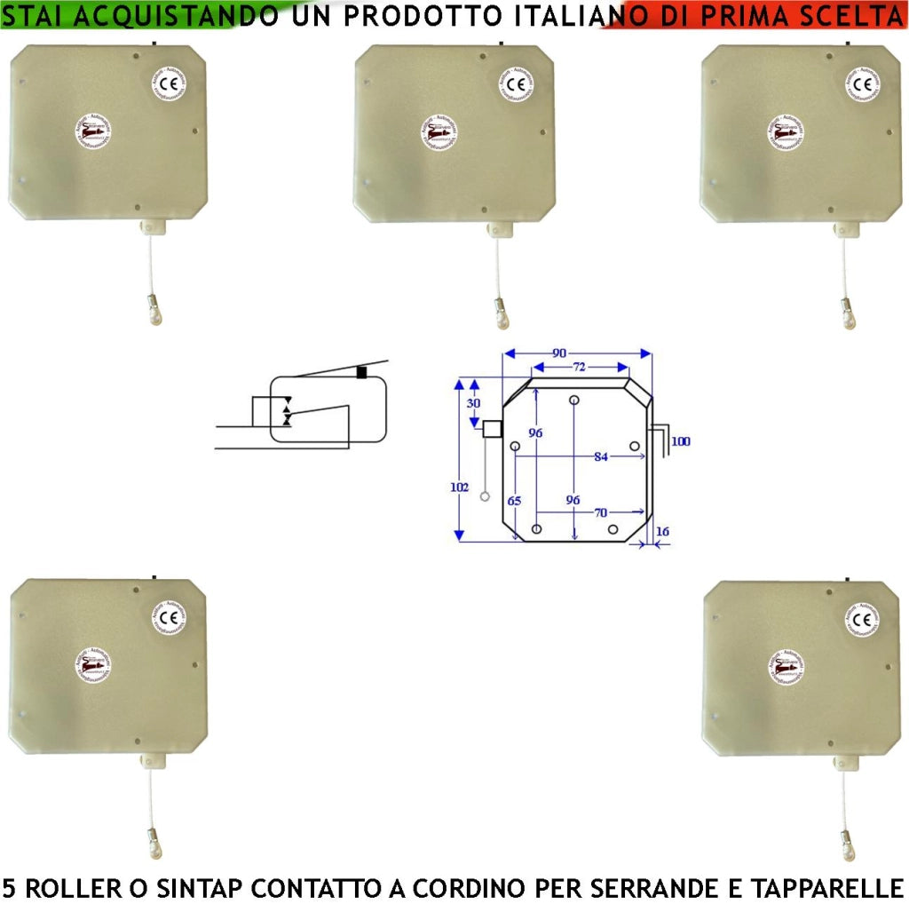 Contatto Antifurto a Cordino 5 Pezzi Protegge la Serranda dal Taglio Strappo e Sollevamento Fune in Nylon Scorre su Carrucola in Ottone Sintap o Roller Impulsi Veloci 4/6 mS Necessita di Conta Impulsi