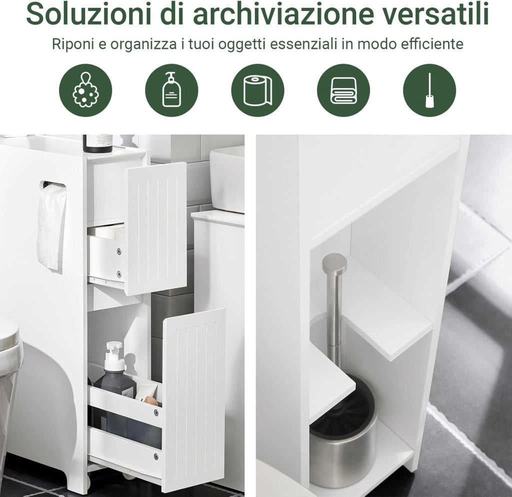 Stretto Mobiletto Bagno con Rotelle 20cm– Carrellino Salvaspazio con Cassetto per Conservare Carta Igienica, Mobile Bagno in Legno, Bianco, 20x75x60cm, BZR111-W