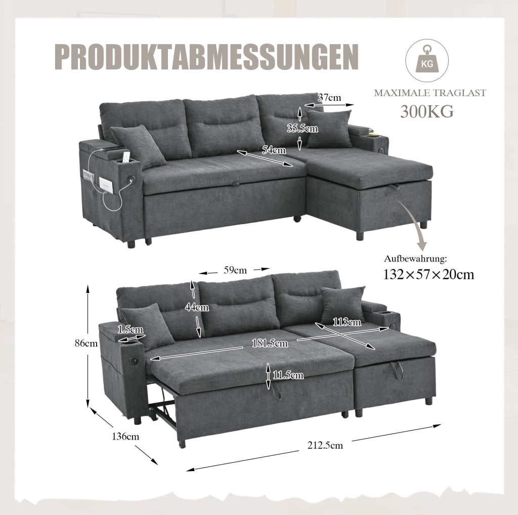 Divano letto 212.5x136x86 cm con chaise longue idraulica e letto estraibile in lino grigio scuro