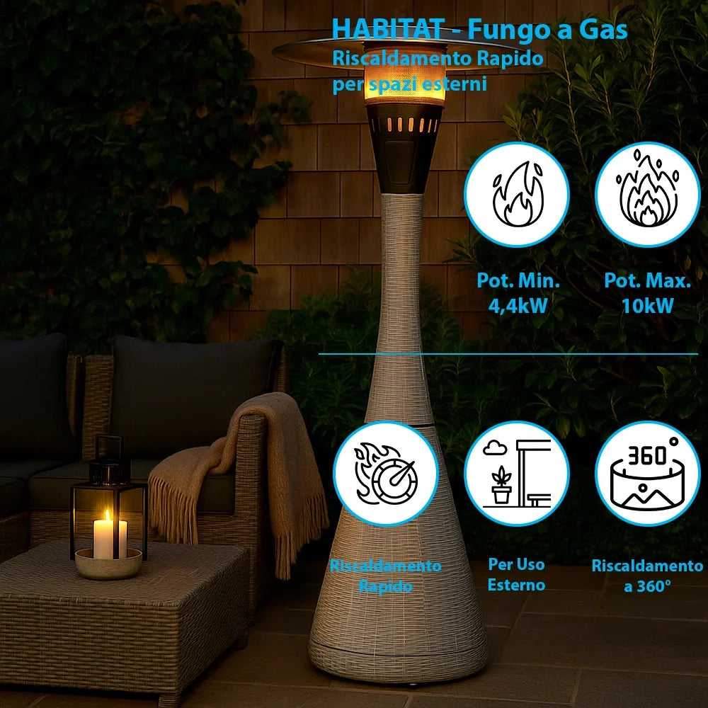 TEMPO STYLE - Fungo riscaldante per esterno pronto all'uso HABITAT Torba, polyrattan ed acciaio | 10kw per riscaldare fino a 50 m² | da 15 a 40h di funzionamento