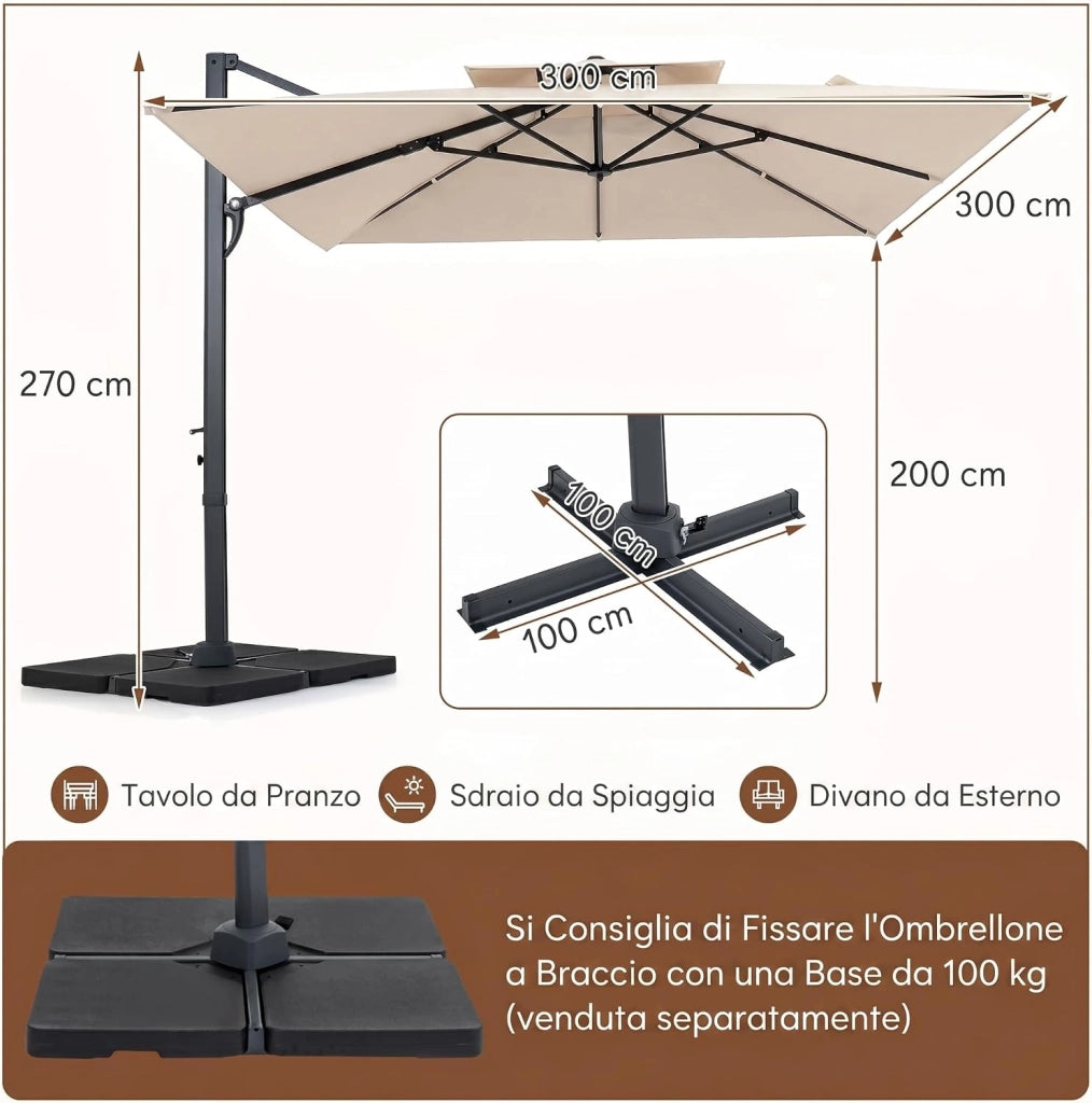 Ombrellone da Giardino 300 cm con Base a Croce, Ombrellone da Esterno Quadrato con Manovella, Rotazione 360°, 8 Stecche Metalliche Resistenti, per Balcone, Terrazzo e Piscina