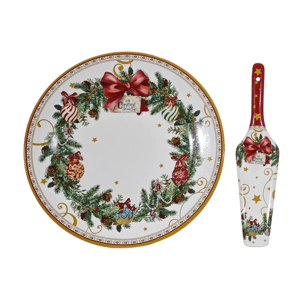 Trade Shop - Set Piatto Rotondo + Paletta Coordinata Di Natale In Ceramica Decorativa ø27cm 4 Modelli -