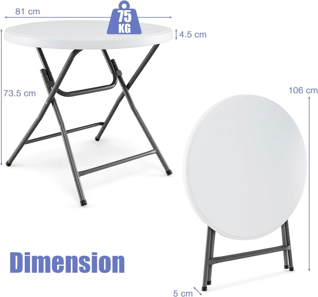 Tavolo da campeggio pieghevole in HDPE, tavolo rotondo φ81 cm, carico 75 kg, tavolo da picnic per interni ed esterni, altezza 73,5 cm, per giardino, barbecue, feste, bianco