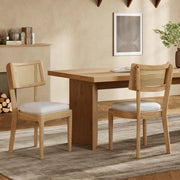 Set di 2 sedie da pranzo in legno massello con schienale in rattan e cuscino in lino, stile moderno, colore legno