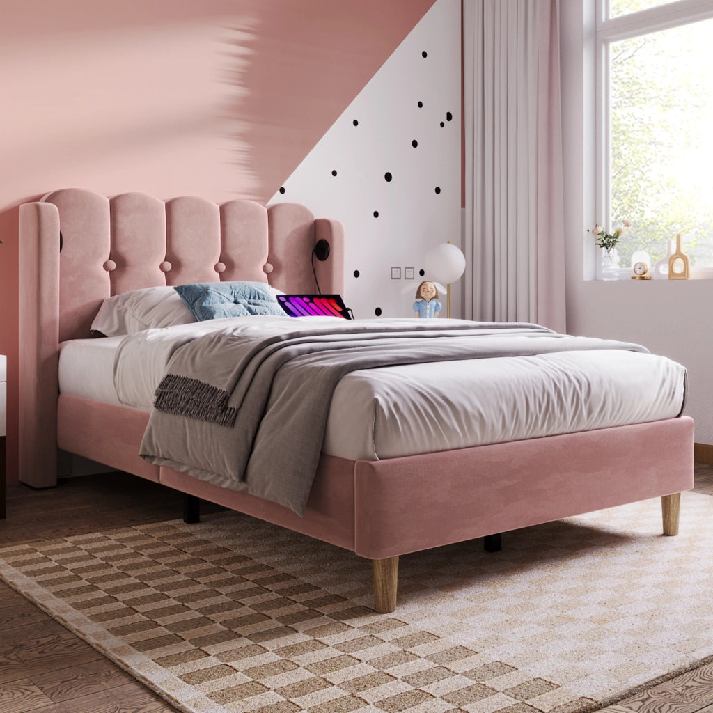 LETTO imbottito 90x200 cm in velluto rosa con porta USB Tipo C