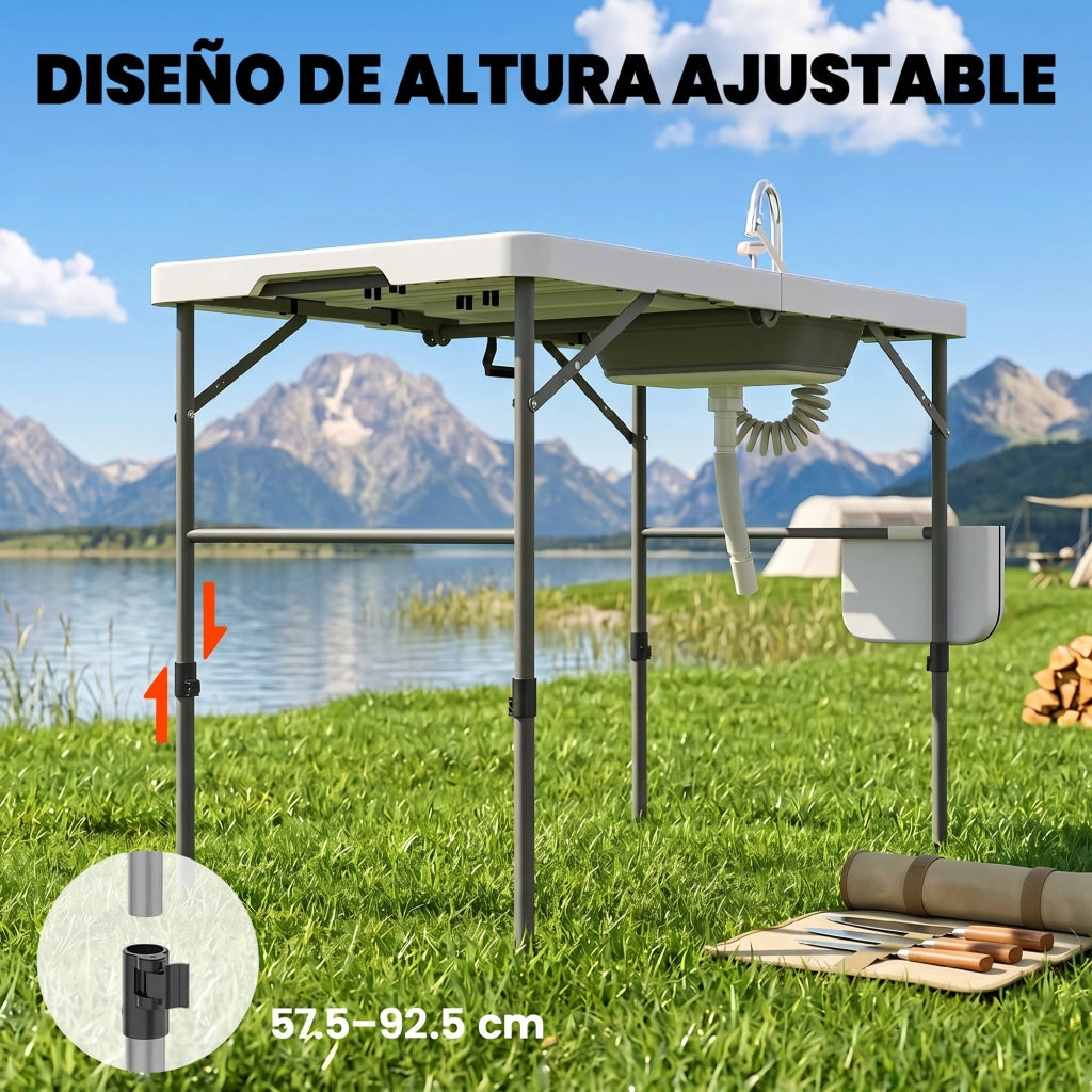 Tavolo da Lavaggio Pesce Pieghevole ¨C Xylo ¨C Altezza Regolabile con Lavello Rubinetto Tubo Cestino