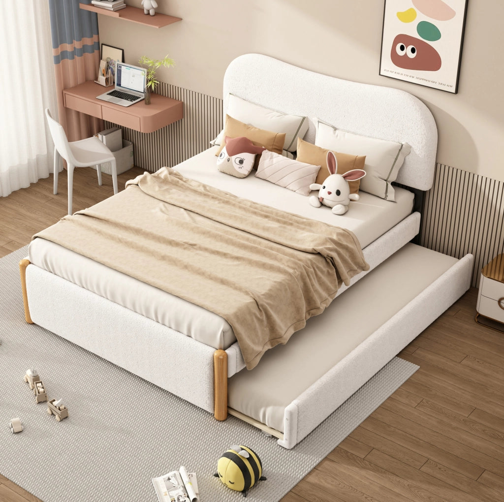 Letto 140x200 cm con letto estraibile; design minimalista; plush bianco