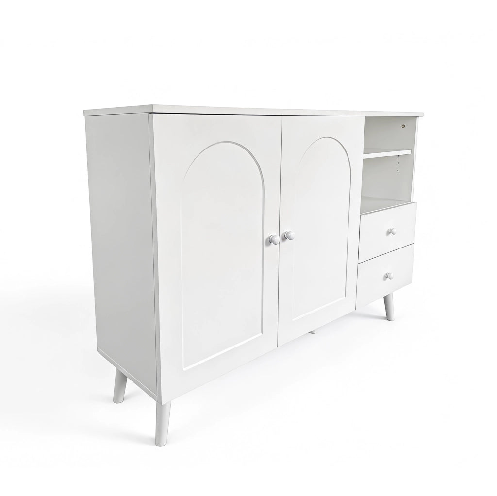 Credenza bianca con 2 ante, 2 cassetti e vani a giorno
