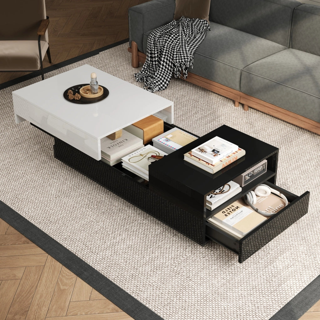 Tavolino da caffè 100x50x38 cm con 2 cassetti e vano laterale; in truciolato; bianco e nero