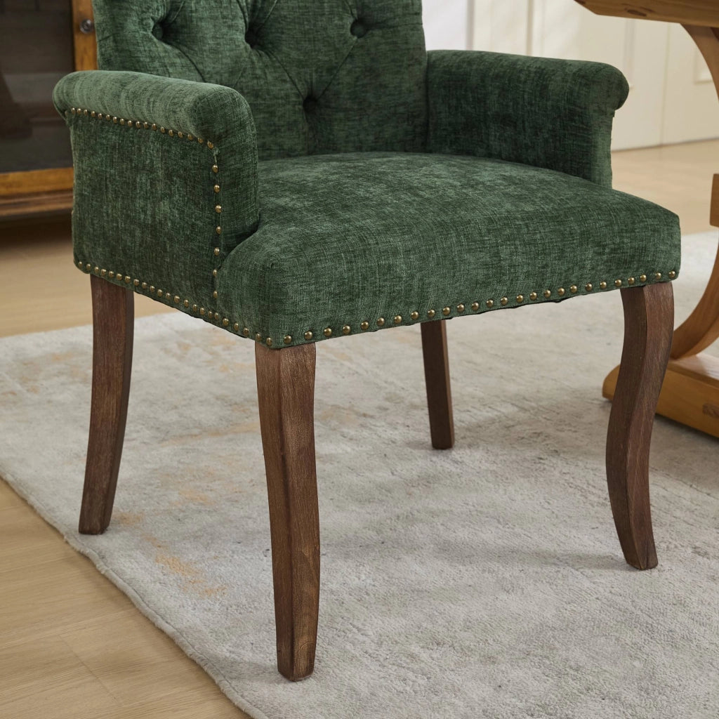 Sedia da pranzo, venduta singolarmente, tessuto chenille, gambe in legno massello, con braccioli, verde oliva
