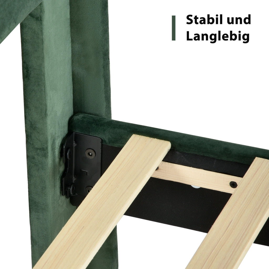Letto imbottito 140x200 cm con rete a doghe e testiera; velluto verde scuro