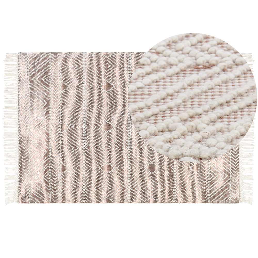 Tappeto di lana beige fatto a mano nappe motivo geometrico 160 x 230 cm soggiorno camera da letto