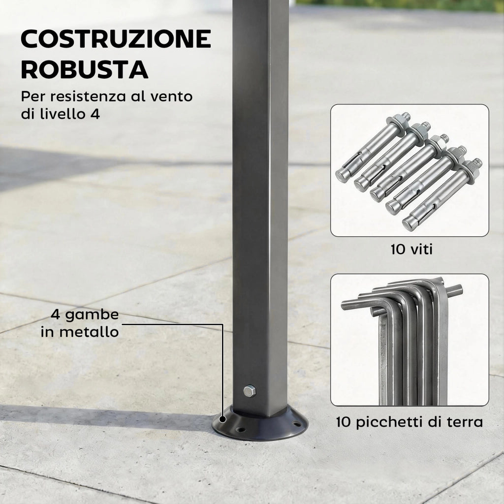 Gazebo da Giardino con Tetto Estensibile 320x320x275 cm con Fori di Drenaggio in Metallo e Poliestere Grigio Scuro