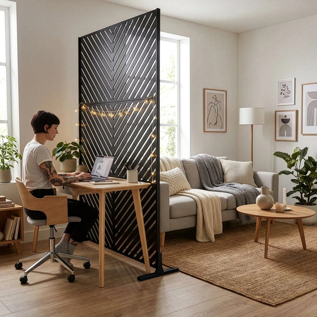 Pannello Divisorio Kekan con Struttura Decorativa in Acciaio 180 x 90 cm - Nero casa.pro