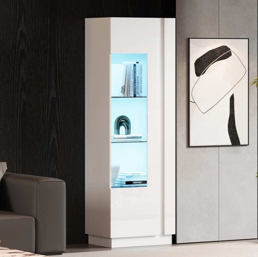 Vetrina alta LED 60x40x180 cm bianca con porta in acrilico e 5 ripiani