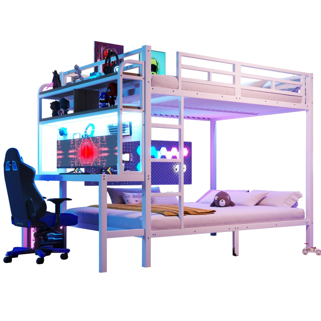 OKWISH Letto a Castello 140×200 cm, Letto Matrimoniale con Scrivania, LED Regolabile, USB, Ripiani e Scala, senza Materasso, Bianco