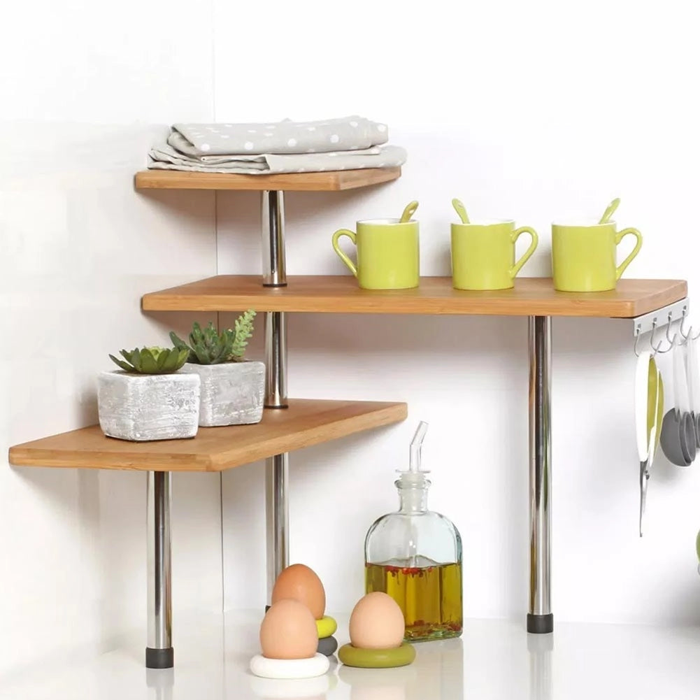 Mensola Angolare Cucina 3 Ripiani Legno Bambù e Acciaio Inox Mobile Scaffale