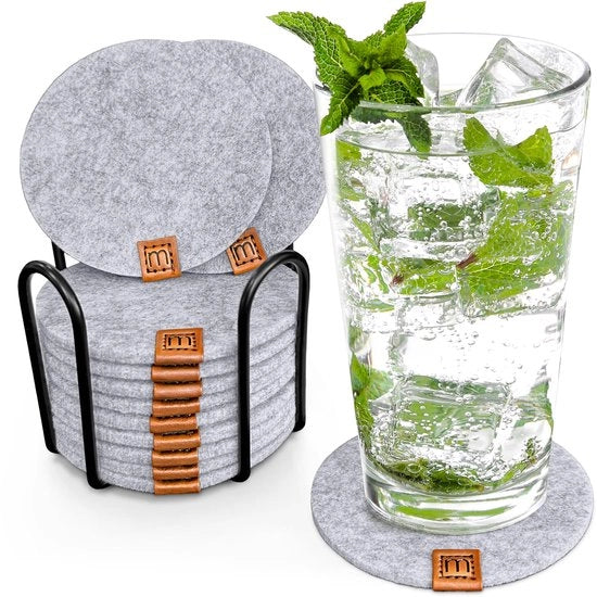 Design Vilt Onderzetters Rond | Set di 12 + Osservatorio | Onderzetters Duraturi Oekotex per Drink, Candelabri, Tazze, Bar, Calici | Decorazione da Tavola | Grigio chiaro