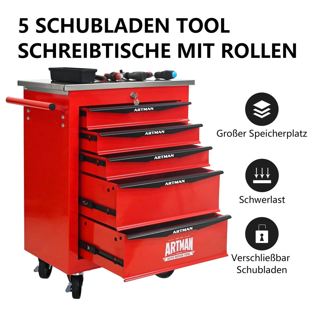 Carrello Portautensili 5 Cassetti con Ruote ¨C MINIMAL ¨C Acciaio Inox, Rosso e Nero