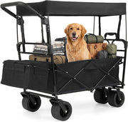 Carrello Pieghevole con Tetto, Carrello Trasportabile con Maniglia Regolabile, Borsa Portaoggetti e Ruote Grandi, Carrello da Giardino Capacità 100L, per Campeggio e Animali Domestici (Nero)
