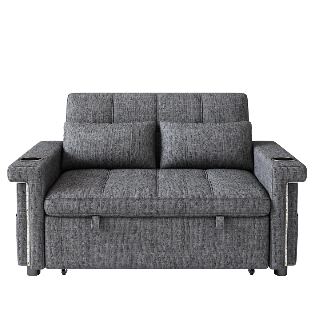 Divano letto 2 posti - con schienale regolabile; LED; USB e portabevande - in chenille grigio