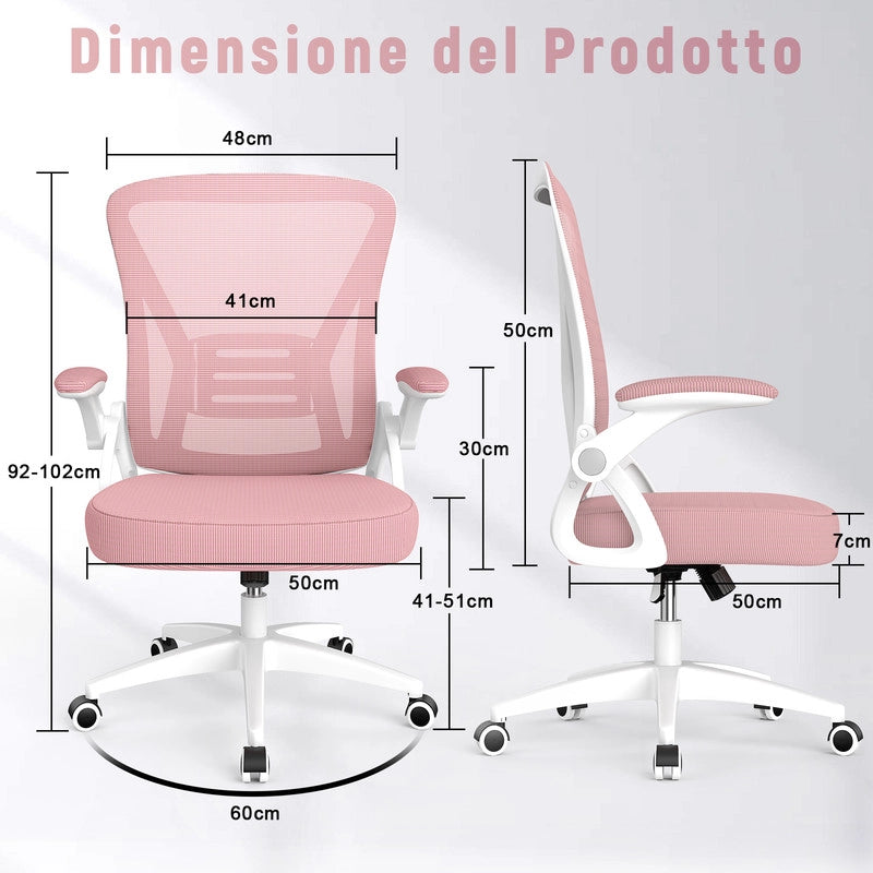 Poltrona Ufficio Ergonomica con Rotelle - RATTANTREE - Braccioli Ribaltabili 90¡ã + Schienale Reclinabile 90¡ã-105¡ã - Rete Mesh Traspirante - Rosa