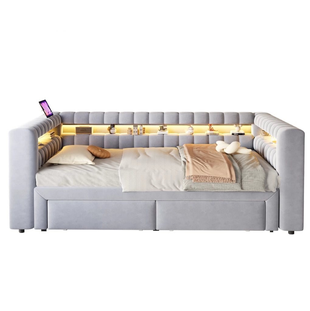 Divano letto ULEVR 90x190/180x190 cm estraibile con 2 cassetti, LED, USB e Type-C, velluto grigio chiaro
