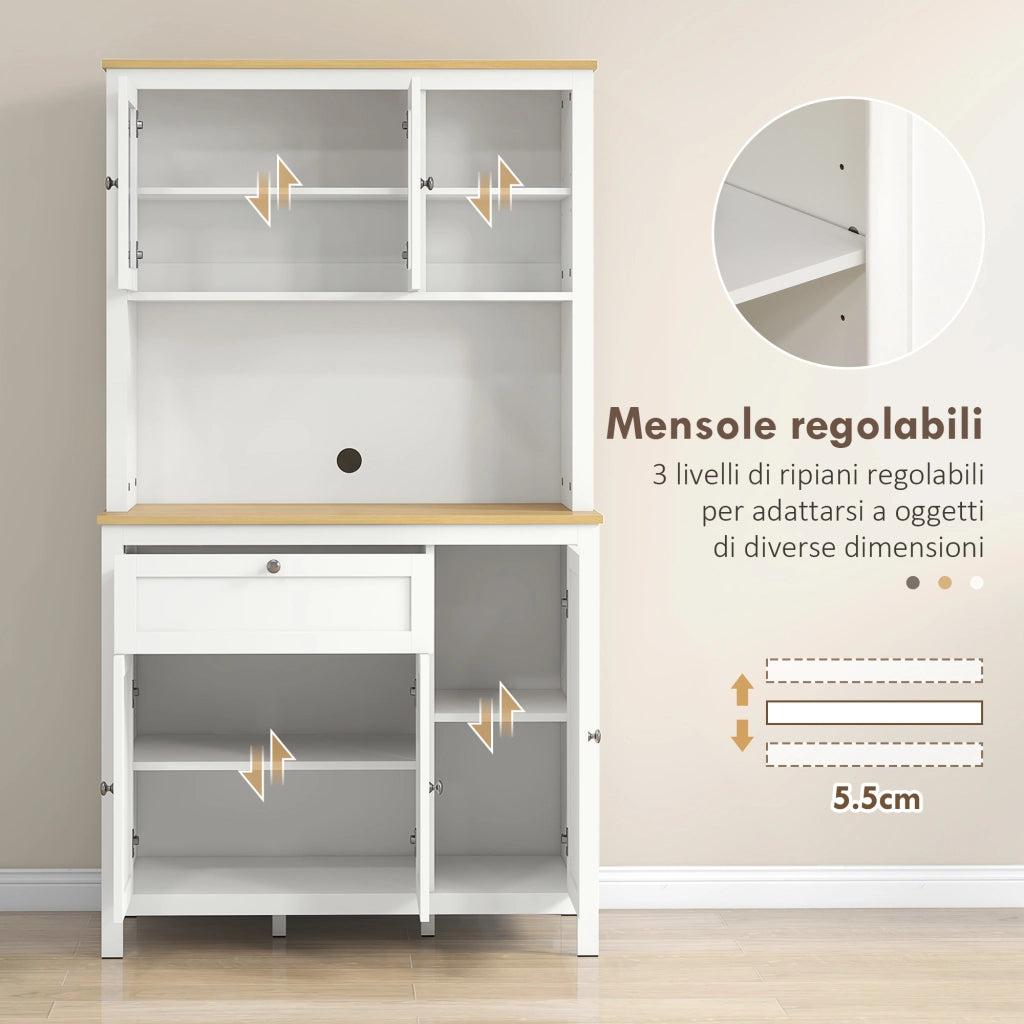 Dispensa Cucina con Cassetti. Ripiani Aperti e Scaffali Regolabili in Legno. 100x40x180 cm. Bianco