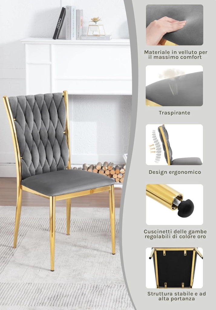 Set di 6 Sedie Sala da Pranzo, Sedie da Cucina in Velluto, Trasparenti Moderne, Schienale Alto Gambe in Metallo, Portata 150 kg, Grigio Scuro