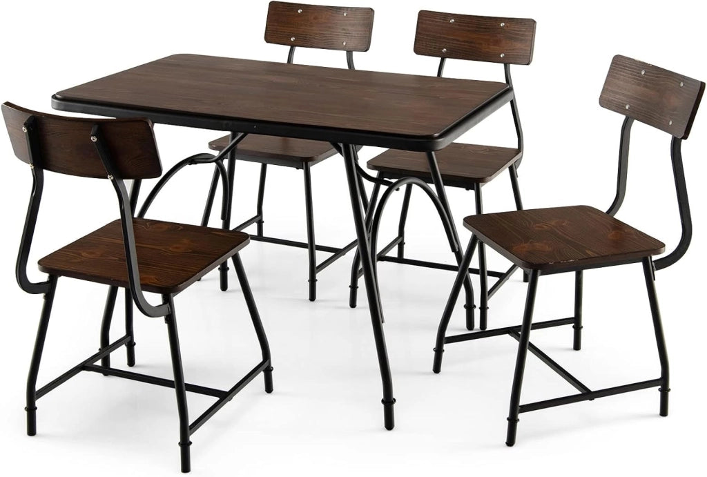 Set Tavolo e 4 Sedie da Pranzo, Set da Pranzo in Stile Industriale con Struttura di Metallo, Set Tavolo Rettangolare per Cucina Ristorante, Marrone (Set Tavolo e 4 Sedie)