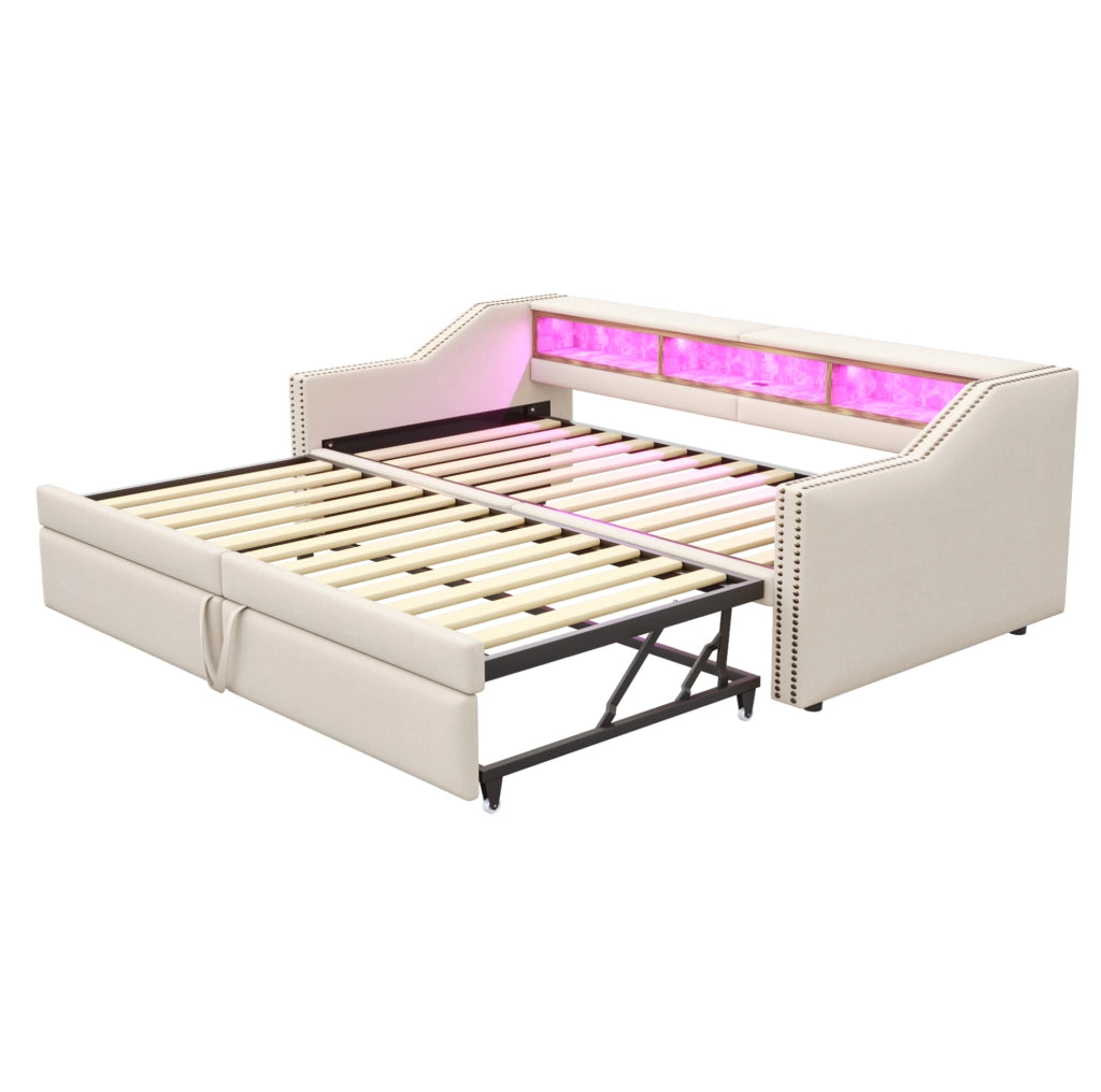 Divano letto 90x200 cm estraibile con USB in burlap beige