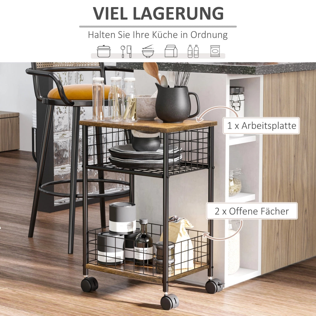 Carrello da cucina con cestino e scaffale 4 ruote ¨C zephmum ¨C 40x30x62 cm nero marrone